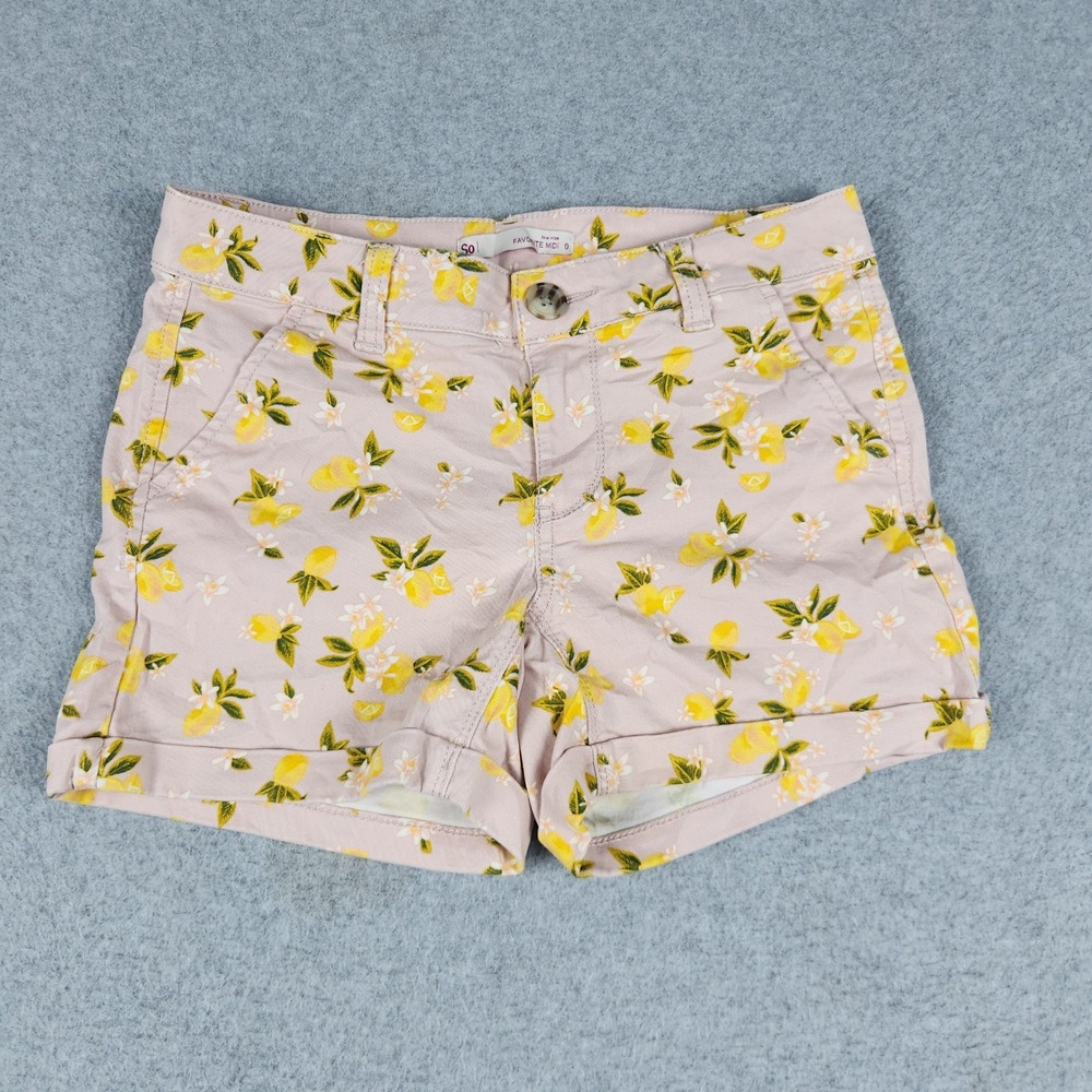 SO Favorite Midi Shorts Womens 0 Pink Low Rise Lemon Floral Print Cuffed Stretch